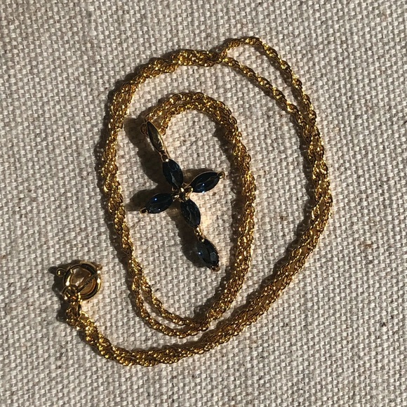 Delicate Blue glass cross on gold tone chain - Picture 6 of 6